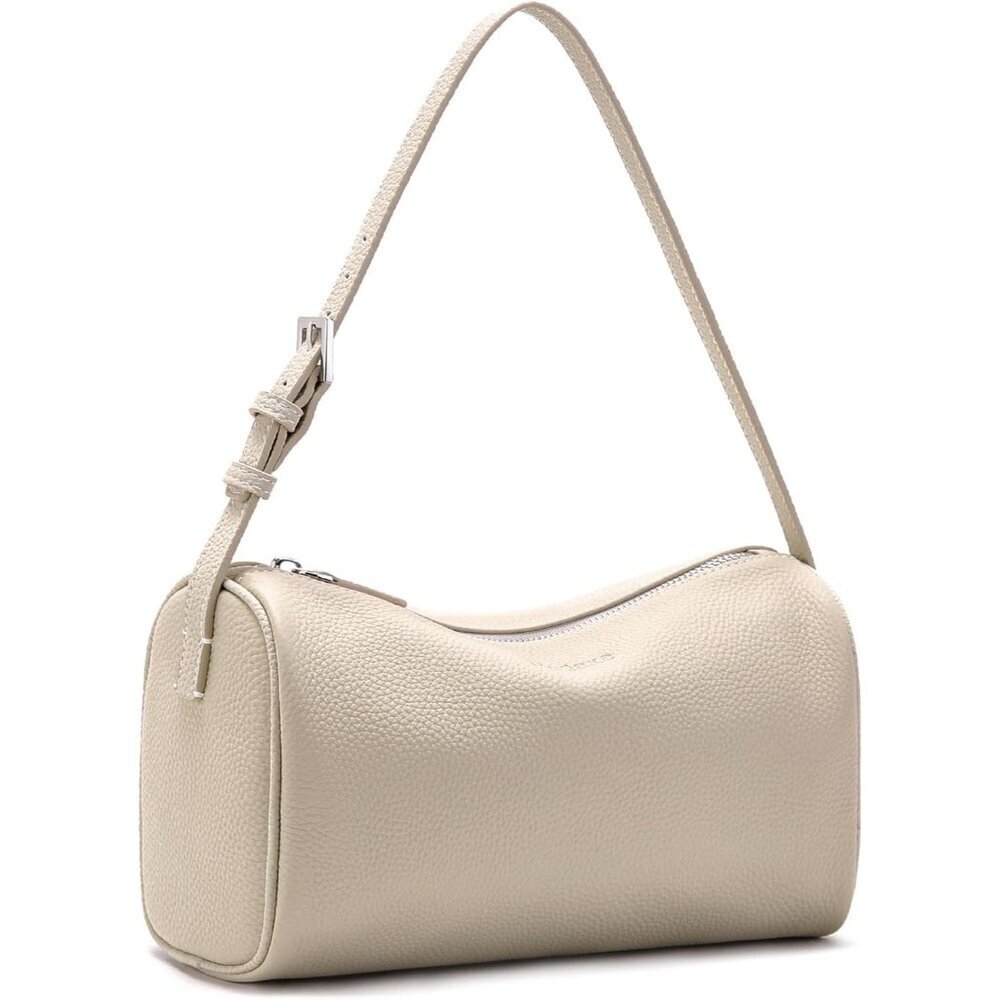 Women White Small Barrel Shoulder Hobo Handbag Genuine Leather Crossbody Purses